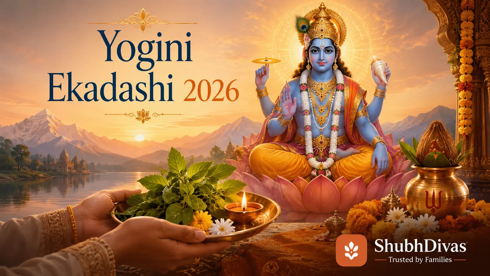 Yogini Ekadashi 2026 — Friday July 10, a devotee worshipping Lord Vishnu with tulsi and a ghee lamp on the Ashadha Krishna Ekadashi